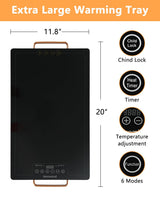 Electric Warming Tray 20" x 12", Glass-Top Full-Surface Food Warmer with Adjustable Temperature & Timer, Warming Trays for Buffets Party, Sabbath, Holiday Parties, Daily Dining