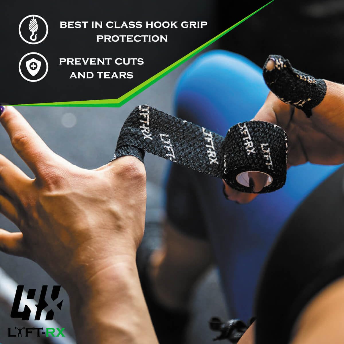 LYFT-RX Weightlifting Hook Grip Tape w/Premium Adhesive for Olympic Weight Lift, Cross Fitness, Lifting, Stretch Fit Athletic Finger Wrap, Protects Thumb Fingers, Size1.5in Black 6-Rolls