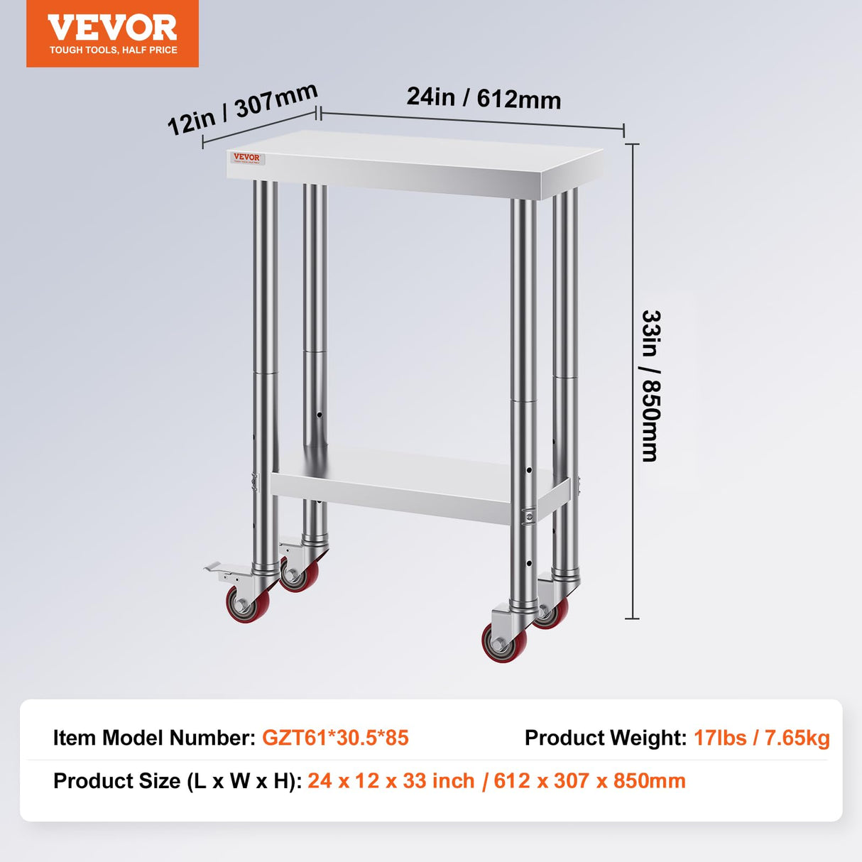 Vevor Stainless Steel Work Table with Wheels 24 x 12 x 32 Inch Prep Table with 4 Casters Heavy Duty Work Table for Commercial Kitchen Restaurant Business : Industrial & Scientific