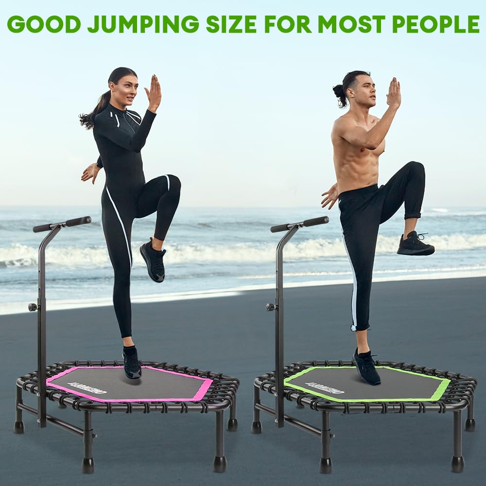 ONETWOFIT 42"/45" Rebounder Trampoline for Adults, Silent Mini Trampoline Indoor Exercise Fitness Trampoline Bungee Rebounder Workout Max Load 330lbs (45IN-Green-with-Handle)