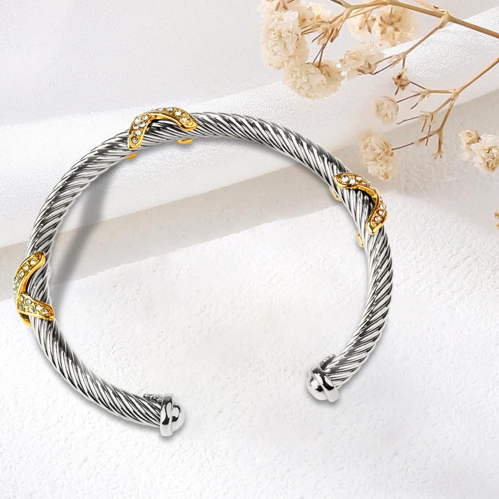 Twisted Cable Bracelets for Women Adjustable 5mm Thin Stainless Steel Cuff Bangle Designer Inspired david+yurman bracelet Christmas Day Gifts (C Silver & Gold)
