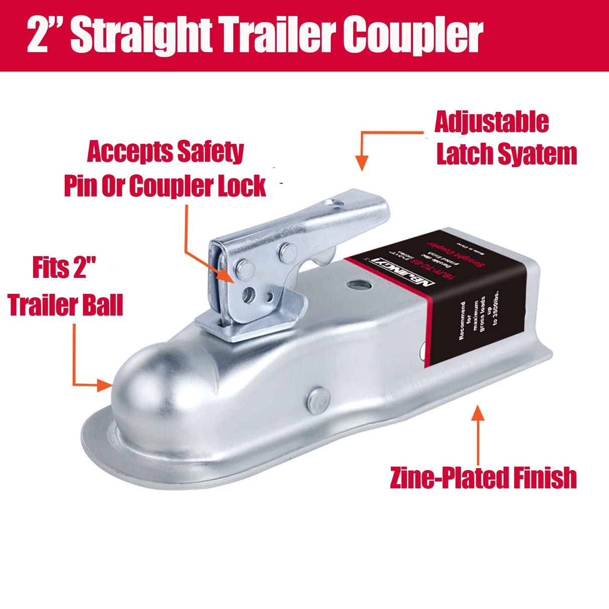 2" Straight Trailer Coupler (Ball 2", Channel 2-1/2" 3500LBS) Finish Zinc