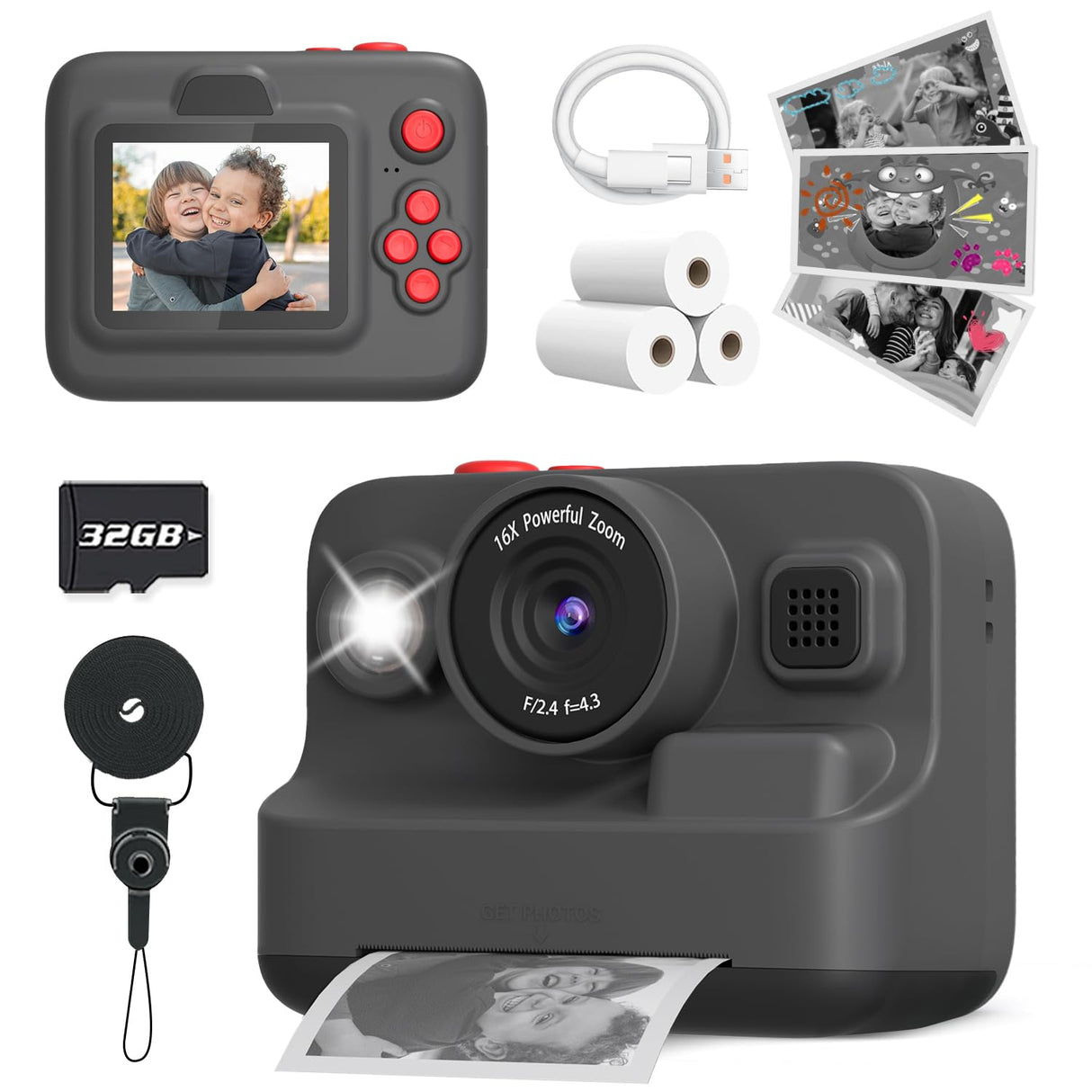 Yehtta Kids Camera Instant Print, Christmas Birthday Gifts for 3-12 Year Old Boys Girls, 2.4in Screen 1080P Kids Digital Camera Toys for Kids Age 3 4 5 6 7 8 9 10 with 3 Rolls Print Paper 32G Card