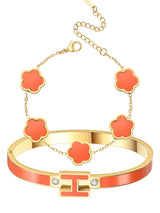 fekang Gold H Bangle & Clover Bracelet for Women -Orange bracelet Set