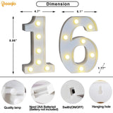Pooqla Decorative Led Light Up Number Letters, White Plastic Marquee Number Lights Sign 16th Birthday Decorations for Girls Boys Party Wedding Decor Battery Operated Number (16)