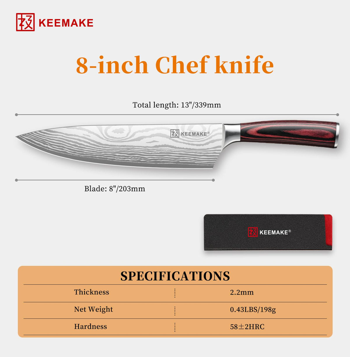 KEEMAKE 8" Chef Knife, Ultra Sharp Kitchen Knife with Ergonomic Handle