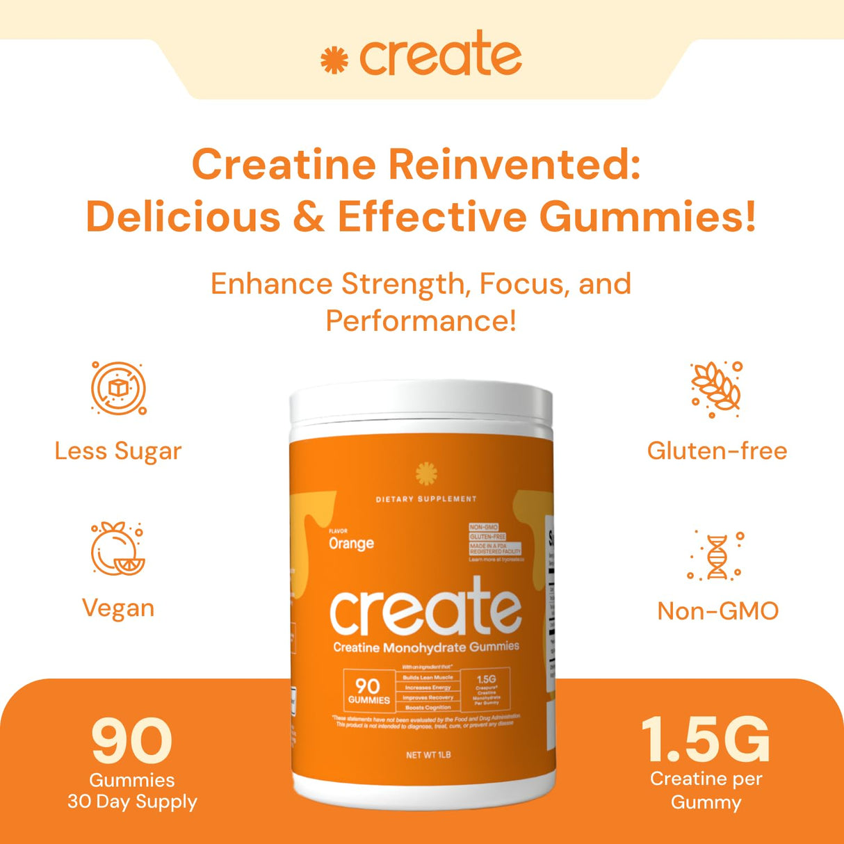 Create Creatine Monohydrate Gummies for Men & Women, Boost Focus, Strength, and Endurance, Anti-Melting Formula, Vegan, Gluten-Free, Non-GMO, 1.5g of Creatine per Gummy (Orange, 90 ct)