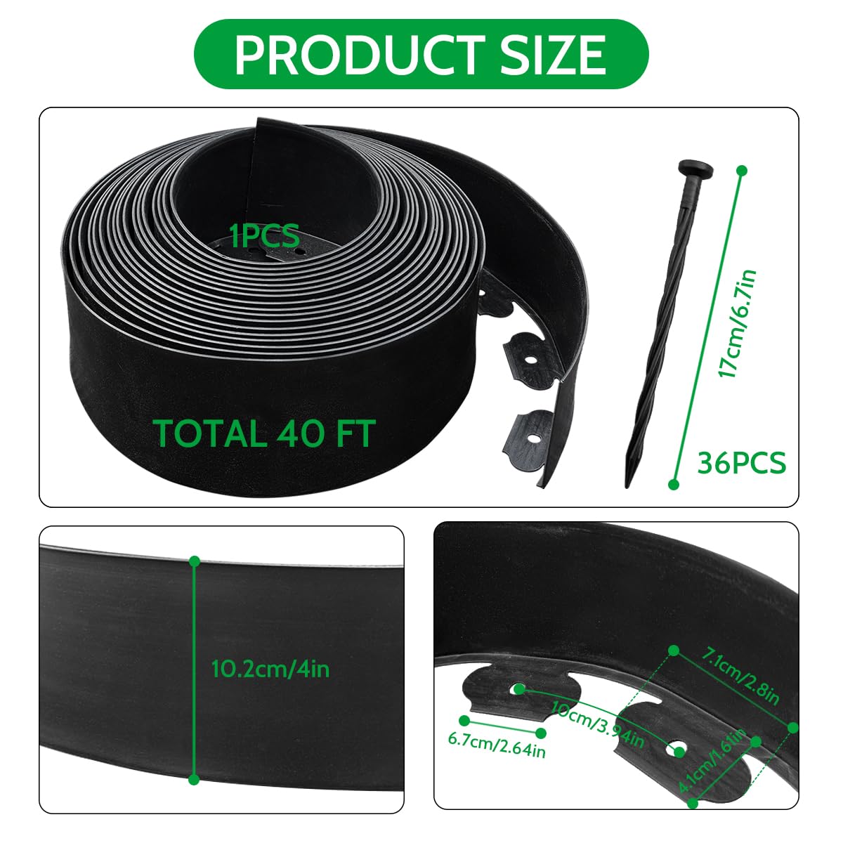 40 FT Landscape Edging No Dig [Extra Tall 4 Inch High] with 36 Spikes, Heavy-Duty Plastic Garden Edging Border