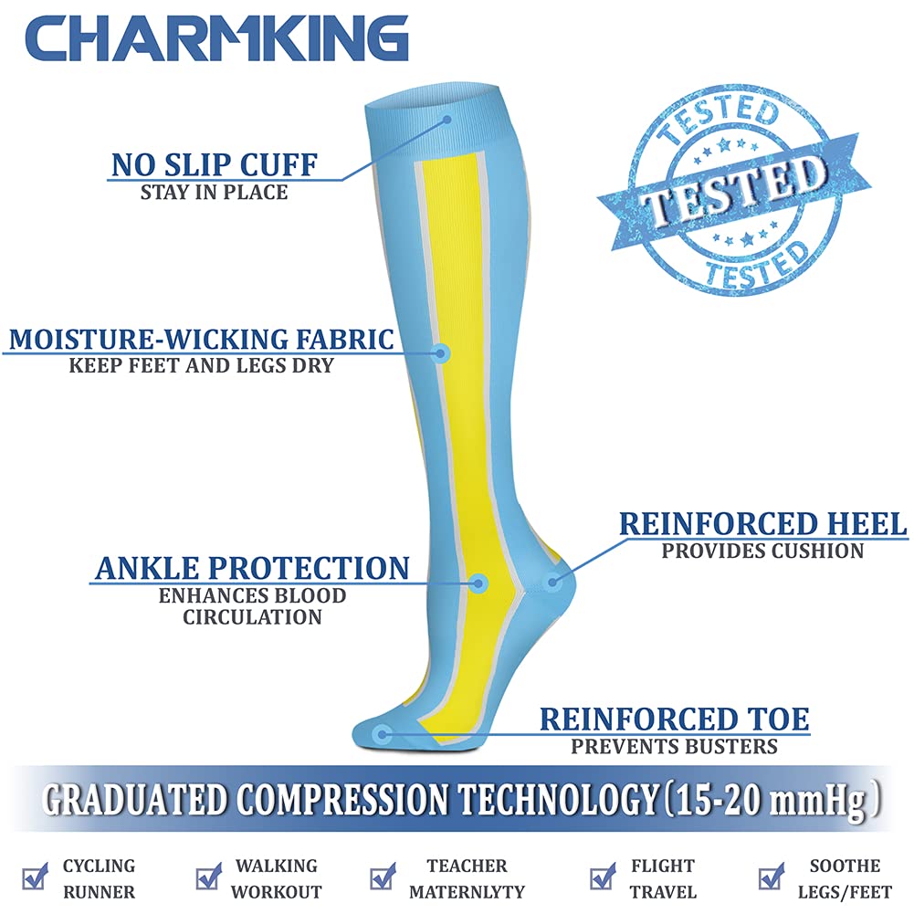 CHARMKING Compression Socks for Women & Men (8 Pairs) 15-20 mmHg Graduated Copper Support Socks are Best for Pregnant, Nurses - Boost Performance, Circulation, Knee High & Wide Calf (L/XL, Multi 13)