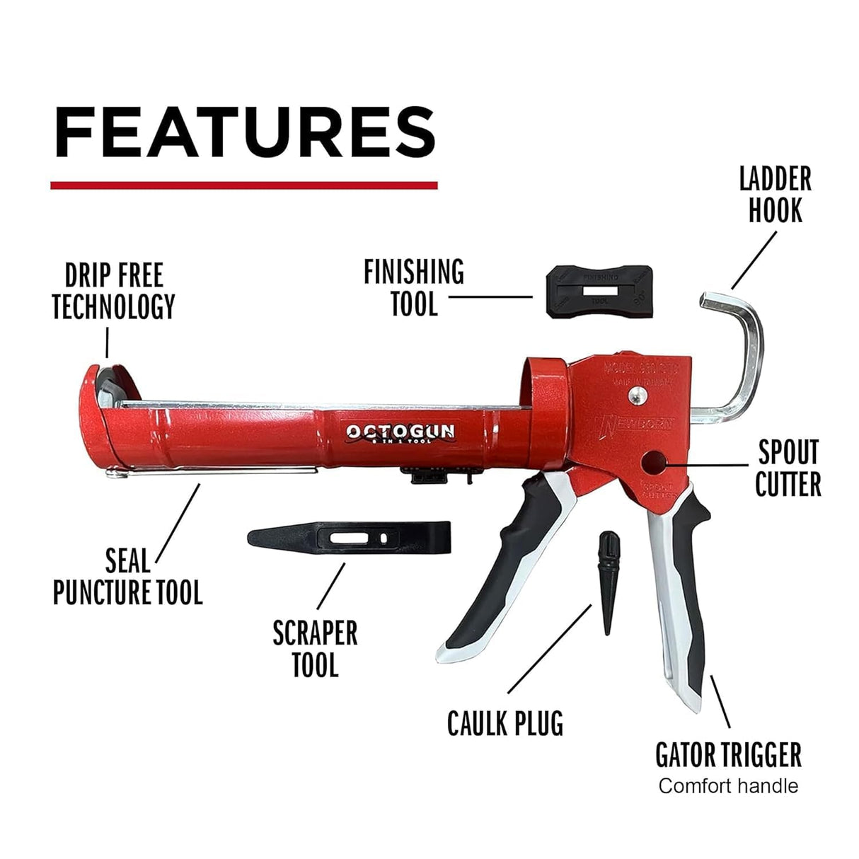 Newborn Octogun Complete Caulking Bundle | Pro Drip-Free Caulk Gun, Universal Silicone Sealant, 8-Piece Smoothing Tool Kit, and Caulk Removal Set | All-in-One Home Repair & Sealing Pack