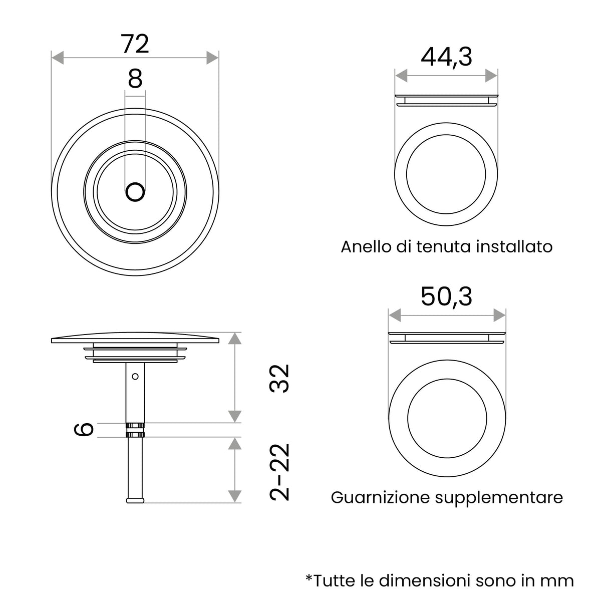 Bächlein Universal Badewannenstöpsel - Abfluss-Stopfen [PVD Gold] - inkl. Ersatzdichtung
