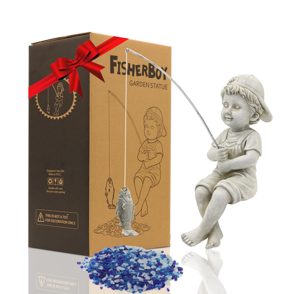 Goodeco Fisherboy Statue Garden Decor - 11" Little Fishing Guy for Koi Pond or Waterfalls, Poolside Statue with Glow in Dark Pebbles Included, Great Gifts for Mom, Women or Birthdays, Gift Ideas