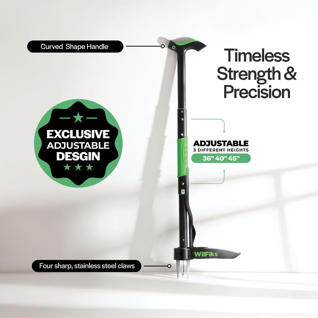 Weed Puller Tool with Long Adjustable Handle (36", 38", & 43"), Quick-Release Weed Ejector Mechanism, Lightweight Aluminum Stand-Up Heavy Duty Weed Remover, 4-Claw Head & Foot Pedal for Easy Weeding