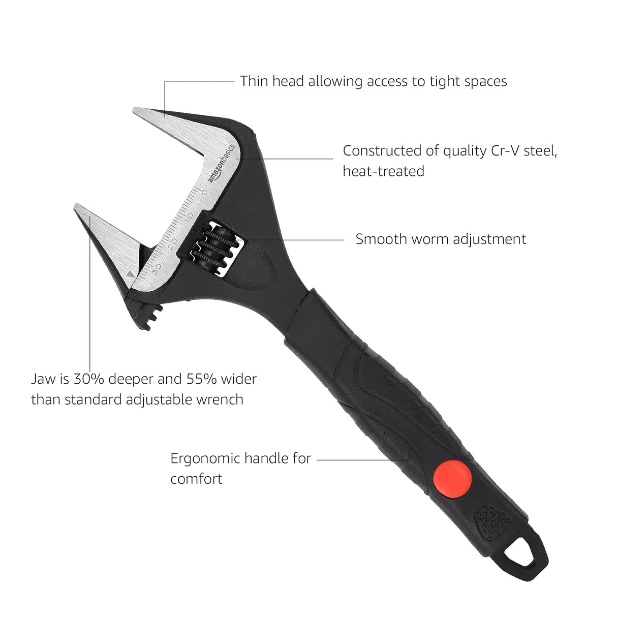 Amazon Basics 4-Piece Wide Jaw Adjustable Wrench Set with Soft Grip, Includes: 6-inch (150mm), 8-inch (200mm), 10-inch (250mm), 12-inch (300mm)