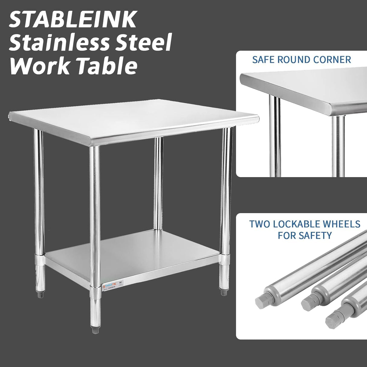STABLEINK NSF Stainless Steel Prep Table 48 x 24 Inches Metal Work Table with Adjustable Undershelf for Commercial Kitchen, Restaurant, Hotel and Garage