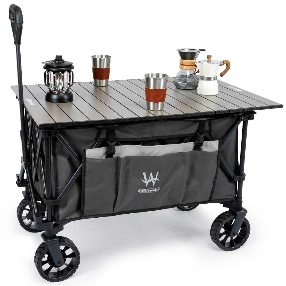 Whitsunday Folding Collapsible Utility Wagon, 400Lbs Heavy Duty Outdoor Park Beach Wagon with Table and Side Pocket for Garden Camping Sports Shopping Grey