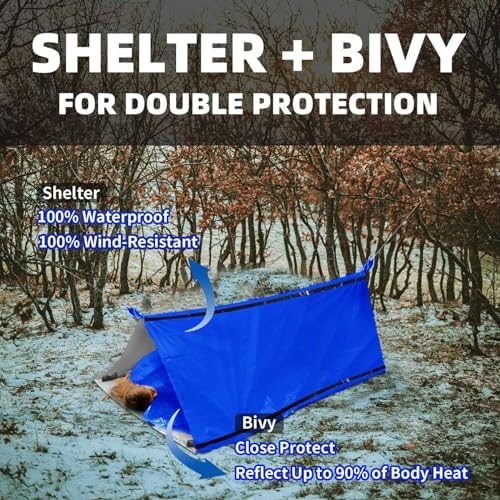 Frelaxy Extra-Thick Survival Tent and Emergency Sleeping Bag, Emergency Shelter Survival Bivy Set with Whistles, Paracord, Storage Pouches, and EVA Case, Perfect for Survival Kits