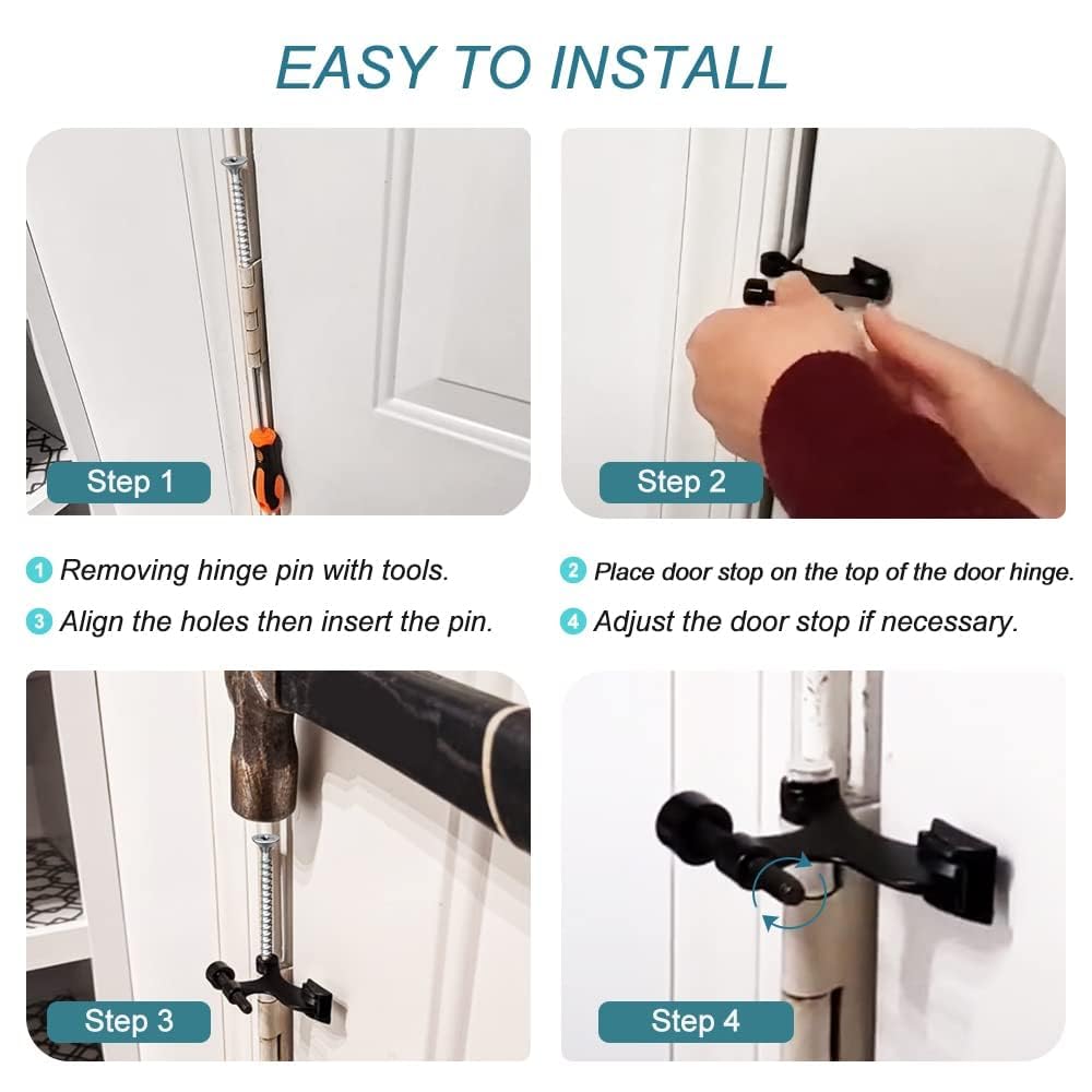 48Pack Hinge Pin Black Door Stopper, Adjustable Heavy Duty Hinge Pin Door Stop with Black Rubber Bumper Tips