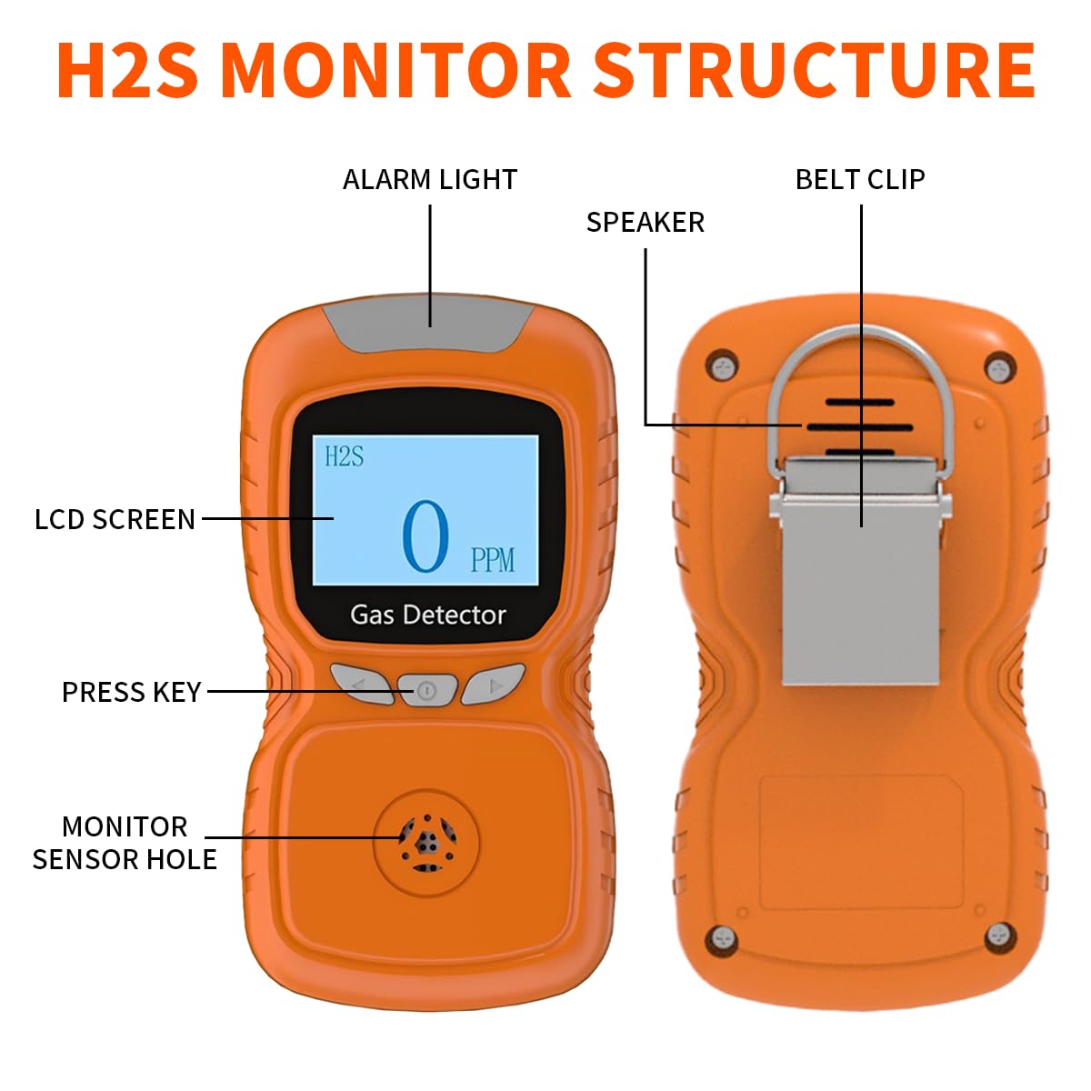 Sooguard H2S Monitor, Clip Single Gas H2S Monitor, 0~100ppm High-PrecisionH2S Gas Detector, Adjustable Alarm Range, 3 Alarm Modes, Explosion-Proof Safety, for Various Working environments (Orange)