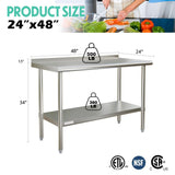 STABLEINK NSF Stainless Steel Prep & Work Table 24 x 48 Inches 4ft Heavy Duty Metal Table with Backsplash and Undershelf for Commercial Kitchen, Restaurant, Hotel, Laundry and Garage