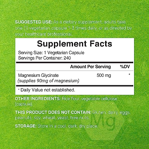 Magnesium Glycinate 500mg, 240 Veggie Capsules | Chelated | Highly Purified Essential Trace Mineral for Muscle, Joint, Heart, & Digestive Health
