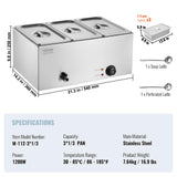 VEVOR 3-Pan Commercial Food Warmer, 24QT Electric Steam Table, 1200W Professional Countertop Stainless Steel Buffet Bain Marie with 86-185°F Temp Control for Catering and Restaurants, Silver