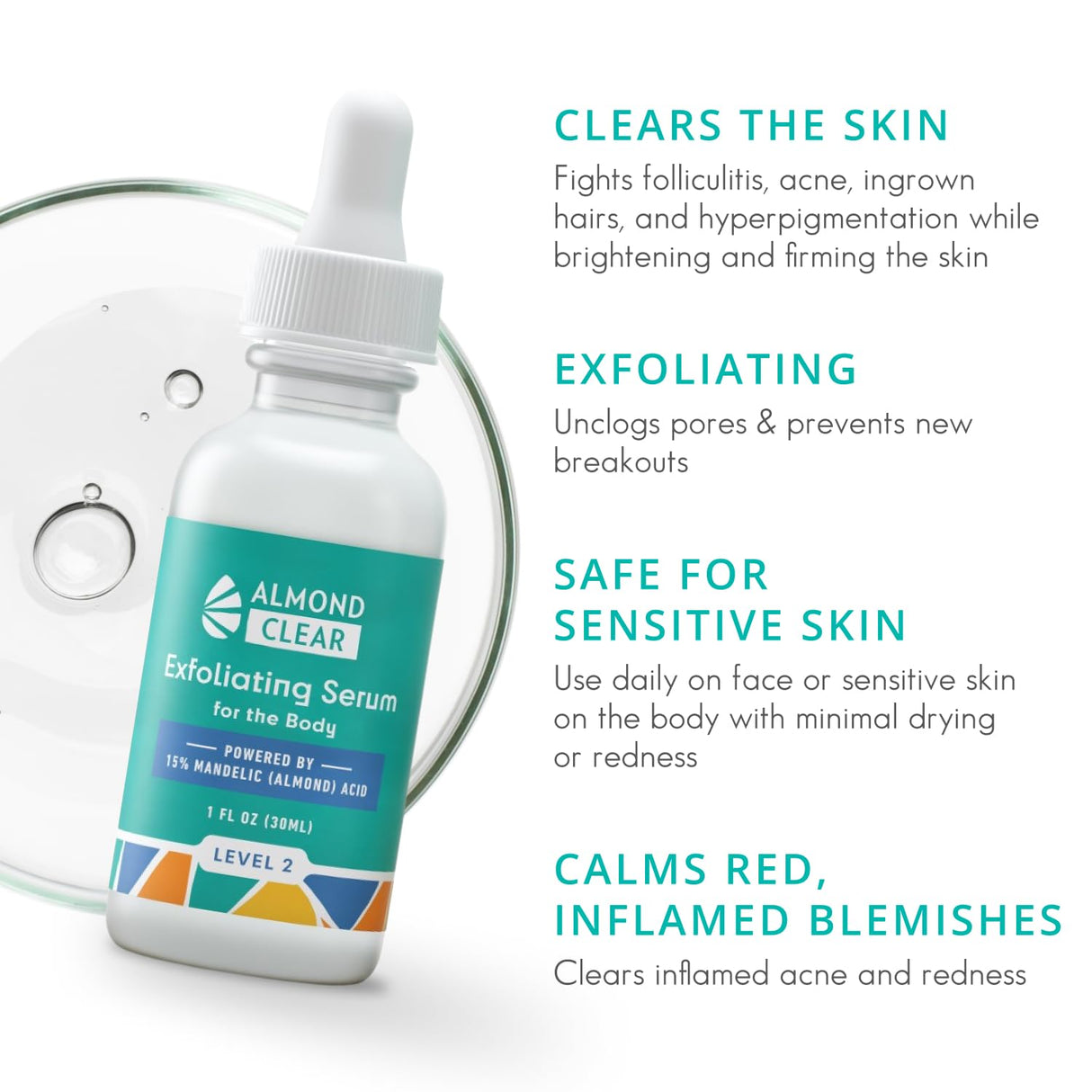 Almond Clear Level 2 Serum | Mandelic Acid Body Serum for Acne, Folliculitis, Aging Skin, Ingrown Hairs, Dark Spots on Face, Chest, Butt, Back, Thighs, Arms | 4 oz