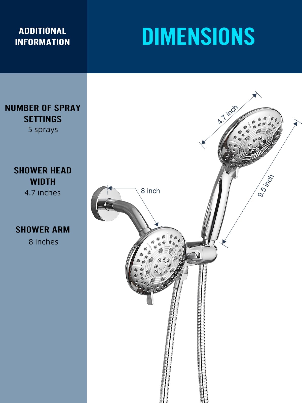 Cobbe 48-Setting High Pressure 3-Way Shower Head Combo, Hand Held Shower & Rain Shower Separately or Together, 4.7" Dual 2 in 1 Showerhead with Stainless Steel Hose - Chrome - U.S. Invention Patents