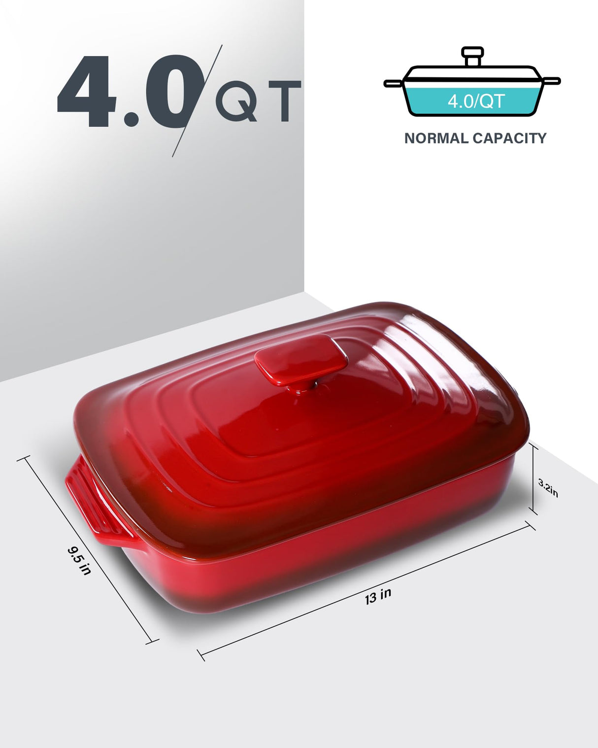 Lareina Large Ceramic Casserole Dish with Lid, 4.0 Quart Covered Rectangular Stoneware Baking Dishes for Oven, Deep 9x13 Inch Lasagna Pans for Baking and Serving, Perfect for Christmas gifts, Red