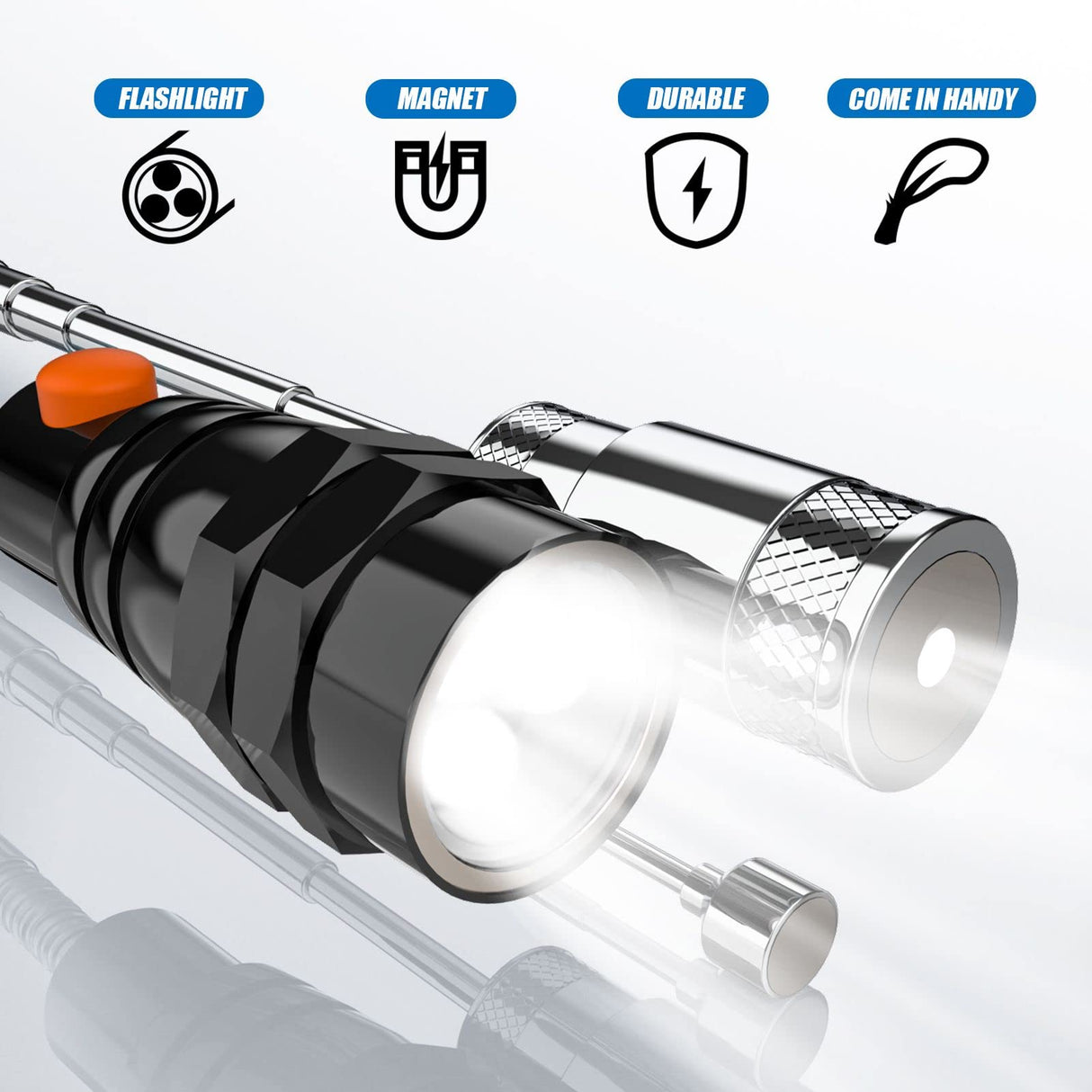 Telescoping Magnetic Pick Up Tool with 1 lb and 15 lb Pickup Rod, Round and Square 360 Swivel Adjustable Inspection Mirror and Flexible LED Flashlight, Fathers Day Gifts for Dad, Him, Husband, Men
