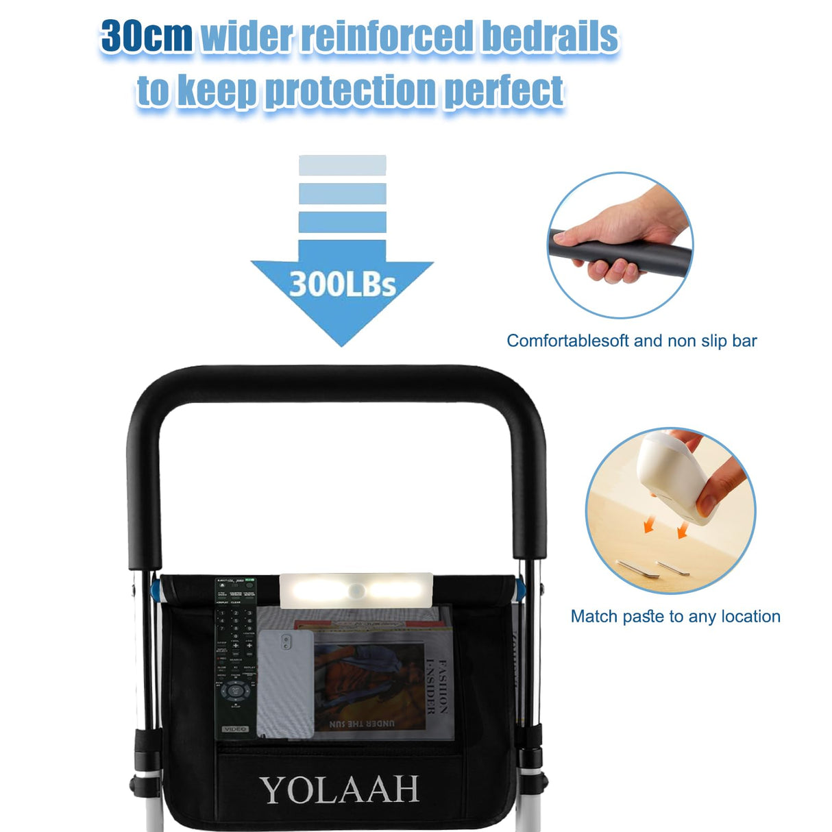 YOLAAH 30cm Width Bed Assist Rails for Elderly Adults Safety - Bed Side Rail Fall Prevention Guard for Seniors Height Adjustable Fits Medical Bed,Queen,Twin,King,Full Bed