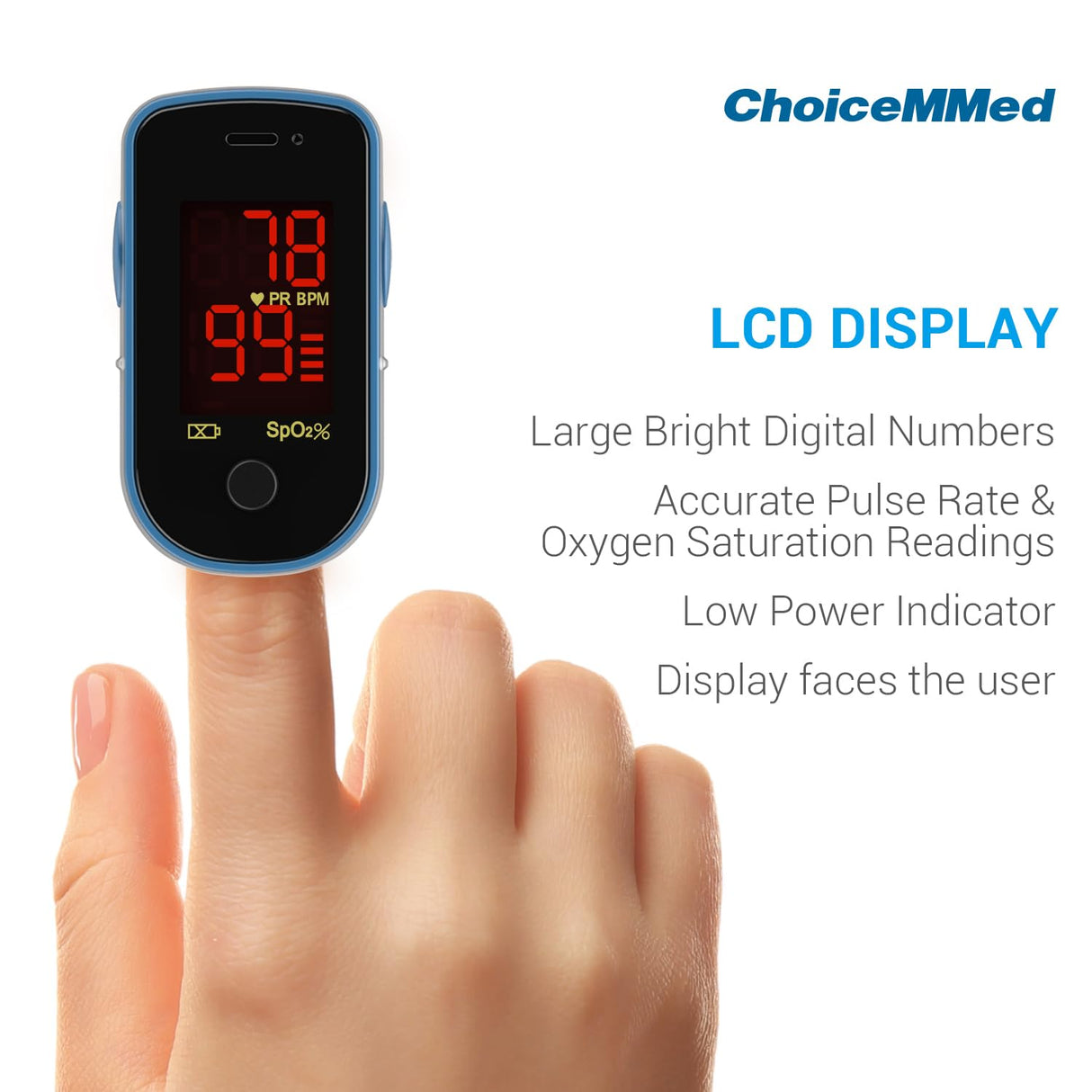 CHOICEMMED Finger Pulse Oximeter - Blue Blood Oxygen Monitor with Batteries - Portable O2 Saturation Sensor in Carry Pouch