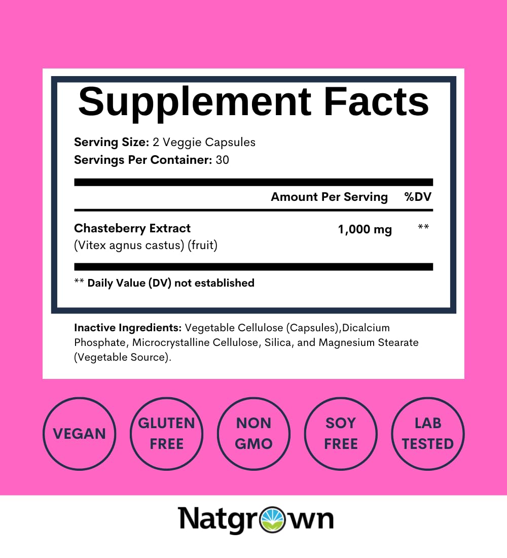 Natgrown Vitex Chasteberry Supplement for Women 1,000 mg - Agnus Castus Chaste Tree Vitex Berry Fruit Extract Capsules - 60 Ct