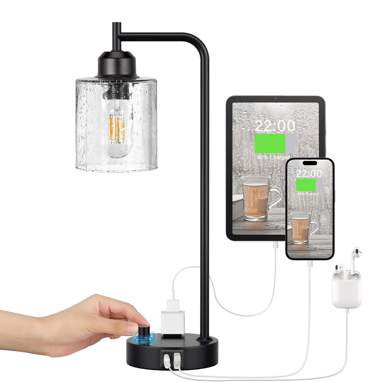 Industrial Bedside Table Lamp for Bedroom - Nightstand Lamps with USB C Charging Port, Fully Dimmable Black Ports and Outlets, Small Desk Glass Shade Office Living Room