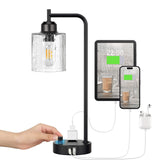 Industrial Bedside Table Lamp for Bedroom - Nightstand Lamps with USB C Charging Port, Fully Dimmable Black Ports and Outlets, Small Desk Glass Shade Office Living Room