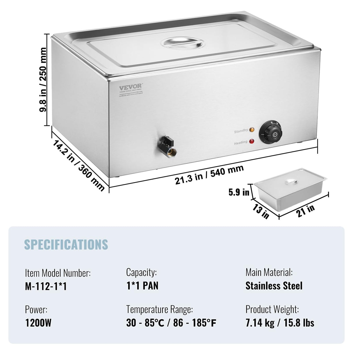 VEVOR Commercial Food Warmer, 1 Pan 24QT Electric Steam Table, 1200W Professional Countertop Stainless Steel Buffet Bain Marie with 86-185°F Temp Control for Catering and Restaurants, Silver