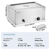 VEVOR Commercial Food Warmer, 1 Pan 24QT Electric Steam Table, 1200W Professional Countertop Stainless Steel Buffet Bain Marie with 86-185°F Temp Control for Catering and Restaurants, Silver