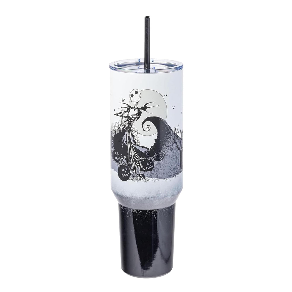 Silver Buffalo Disney Nightmare Before Christmas by Tim Burton Jack Skellington Hill and Moon Stainless Steel Tumbler with Handle and Straw, Fits in Standard Cup Holder, 40 Ounces