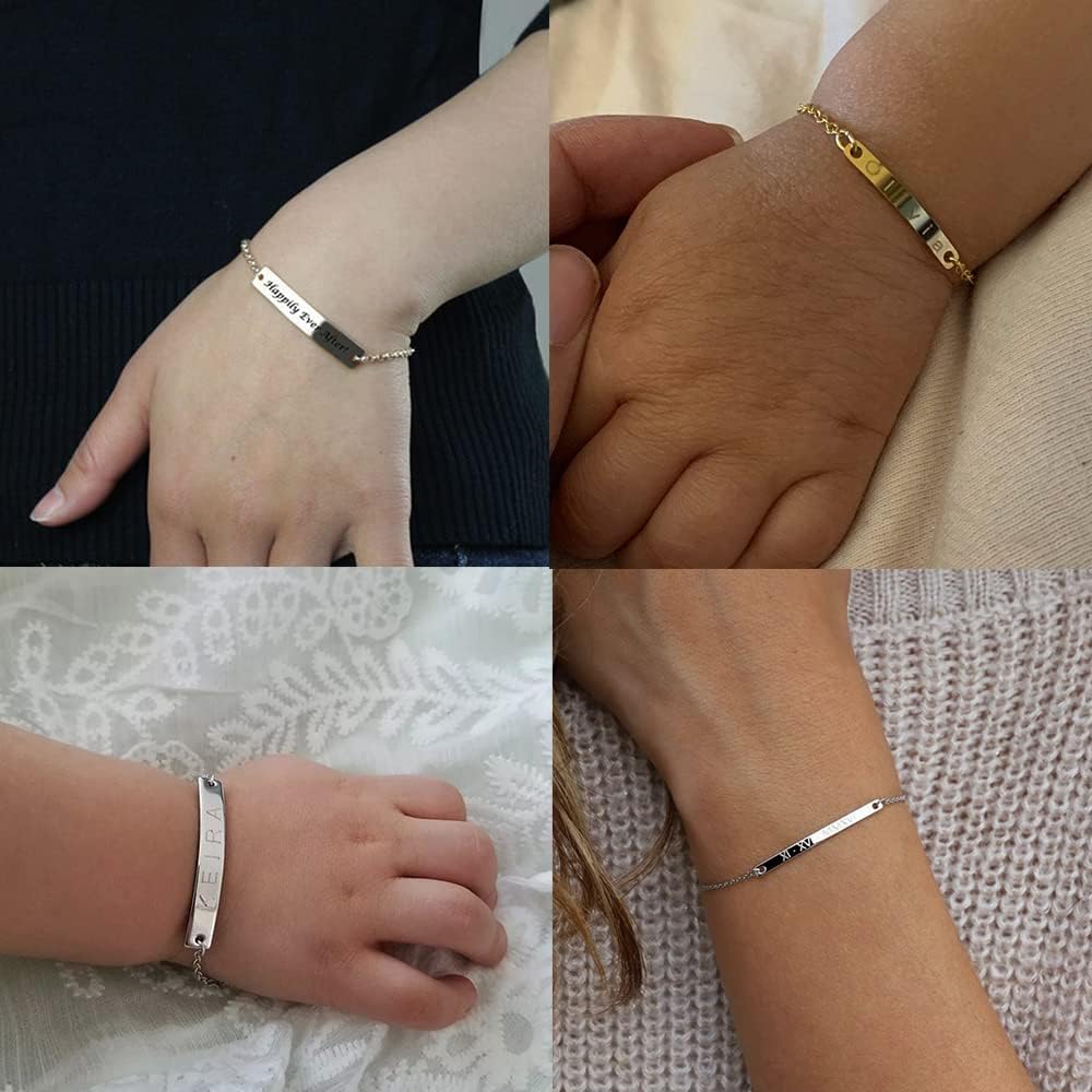 UMAGICBOX Personalized Sterling Silver/Stainless Steel Bar Bracelet for Women - Custom Engraved Inspirational Words, Dates, or Names - Gift Box Included - Jewelry for Anniversary, Birthday