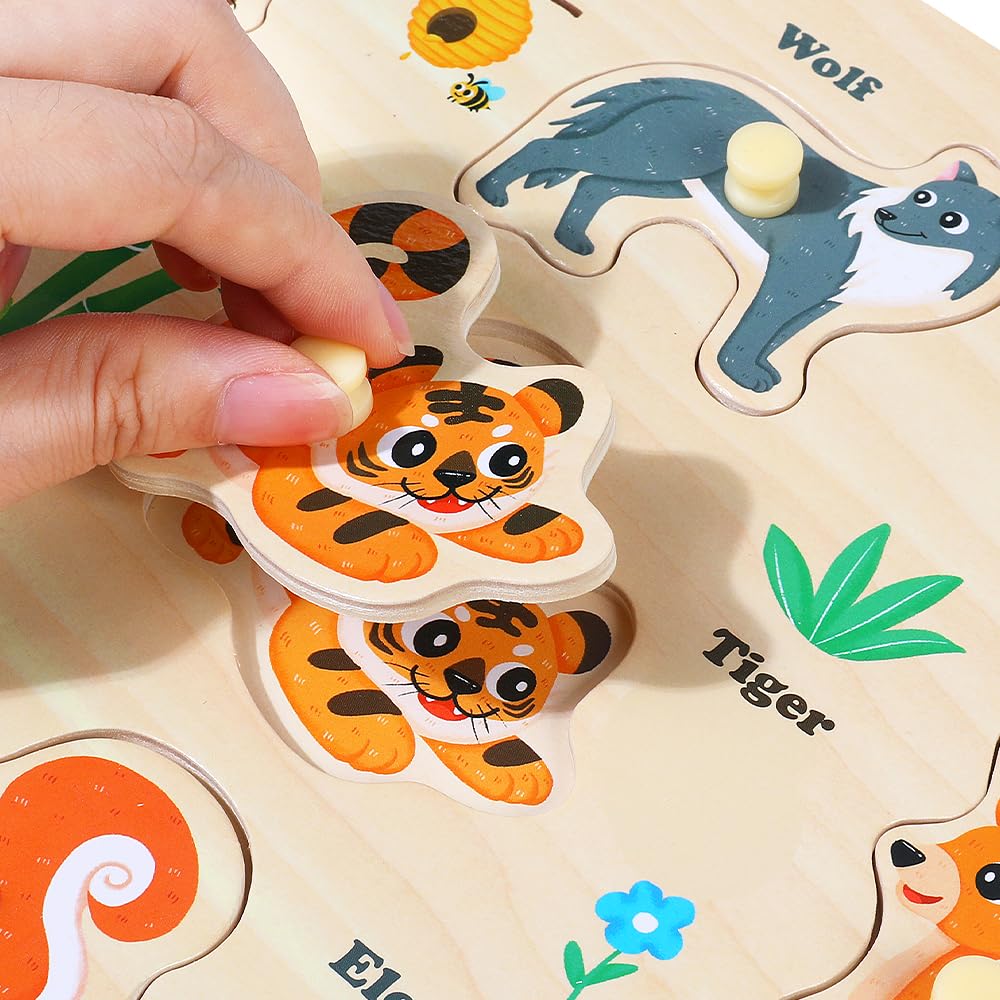 GRINNNIE Wooden Puzzles for Toddlers 3 4 5 Years Old, Montessori Toddler Toys 5PCS Peg Puzzles with Knob - Number, Alphabet, Shape, and Animal, Great Christmas Birthday Gifts for Boys Girls