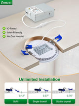 zouzai 12 Pack 4 Inch 5CCT Ultra-Thin LED Recessed Ceiling Light with Junction Box, 2700K/3000K/3500K/4000K/5000K Selectable, 9W Eqv 80W, Dimmable, led can Lights - ETL and Energy Star Certified
