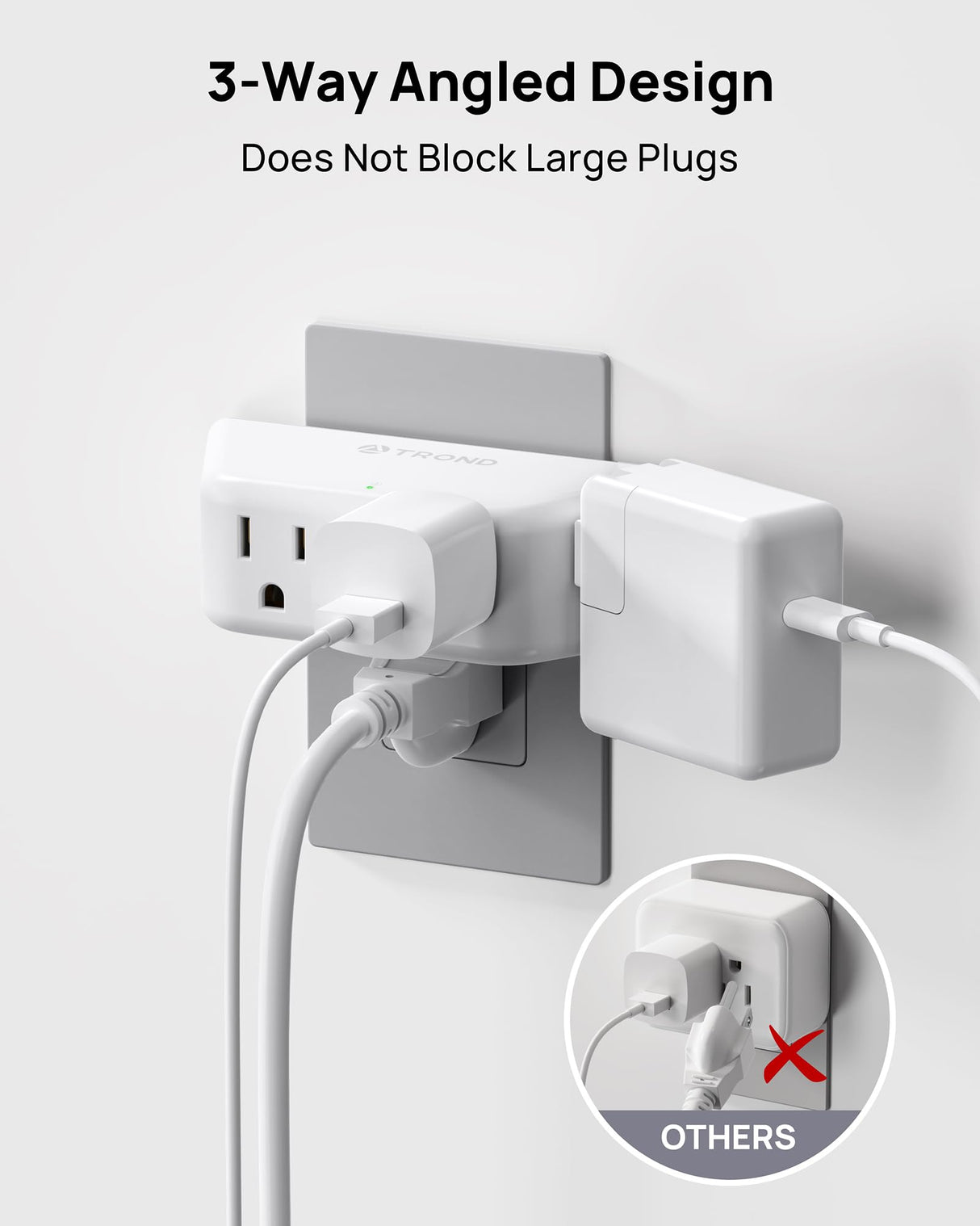 TROND Wall Outlet Extender 3 Pack - Surge Protector Outlet with 4 Grounded Sockets, 3 Way Angled Plug Adapter, 900J, Multiple Wall Splitter for Home Office Dorm Room Essentials, White