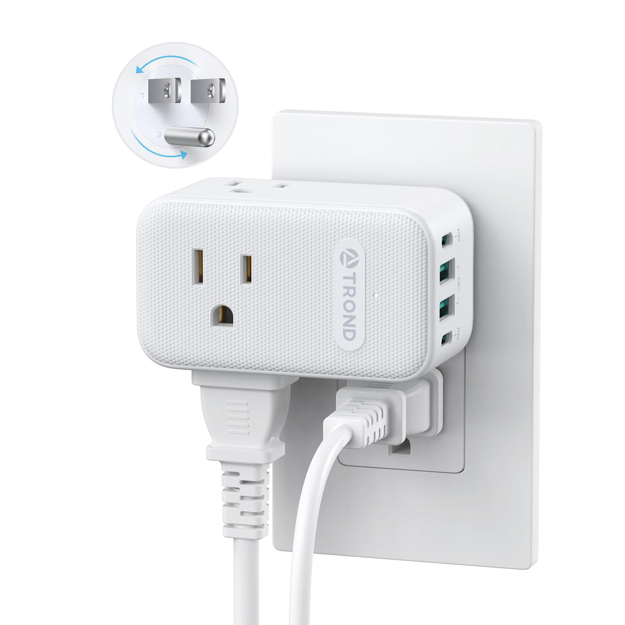 TROND Outlet Extender with 2 PD 20W USB C Charger, 3 AC Multi Plug Outlet Splitter with 360 Rotating Plug, USB Wall Socket Adapter, A Small Charging Station for Kitchen Bathroom Cruise Essentials