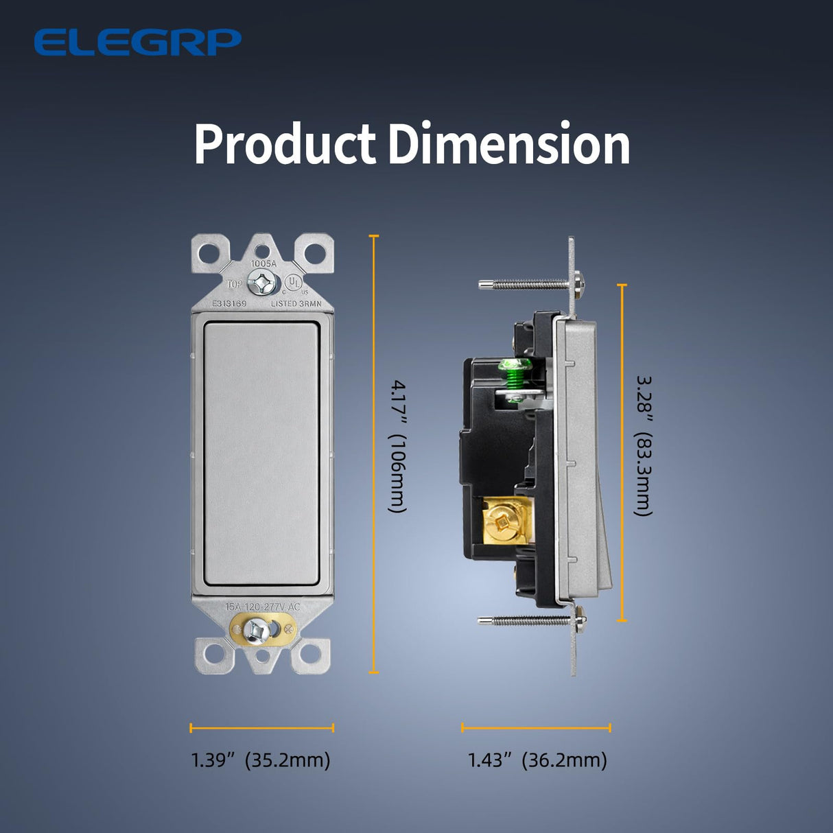 ELEGRP Matte Gray 3 Way Decorator Light Switch, 15A 120-277V, Paddle Rocker Switch Replacement, On/Off Wall Switch, Self-Grounding, Residential Grade, UL/CUL, 10 Pack