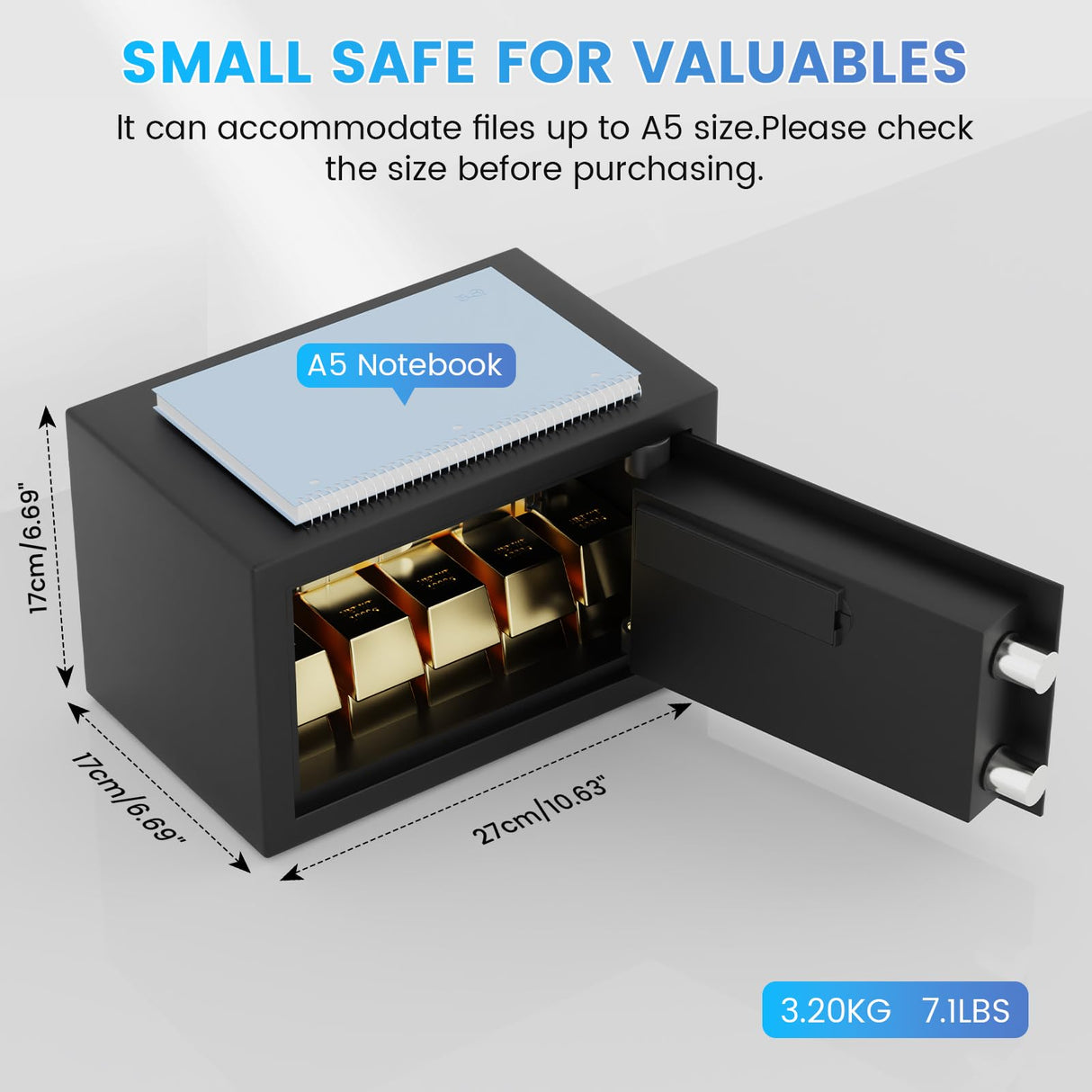 Small Safe for Home, 6.69"H Safe Box with Fireproof Waterproof Bag for College Dorm Room, Money Safe with Alarm System, Sensor LED Light, Wall/Floor Mountable, Hidden Safes for Cash, Jewelry, Medicine