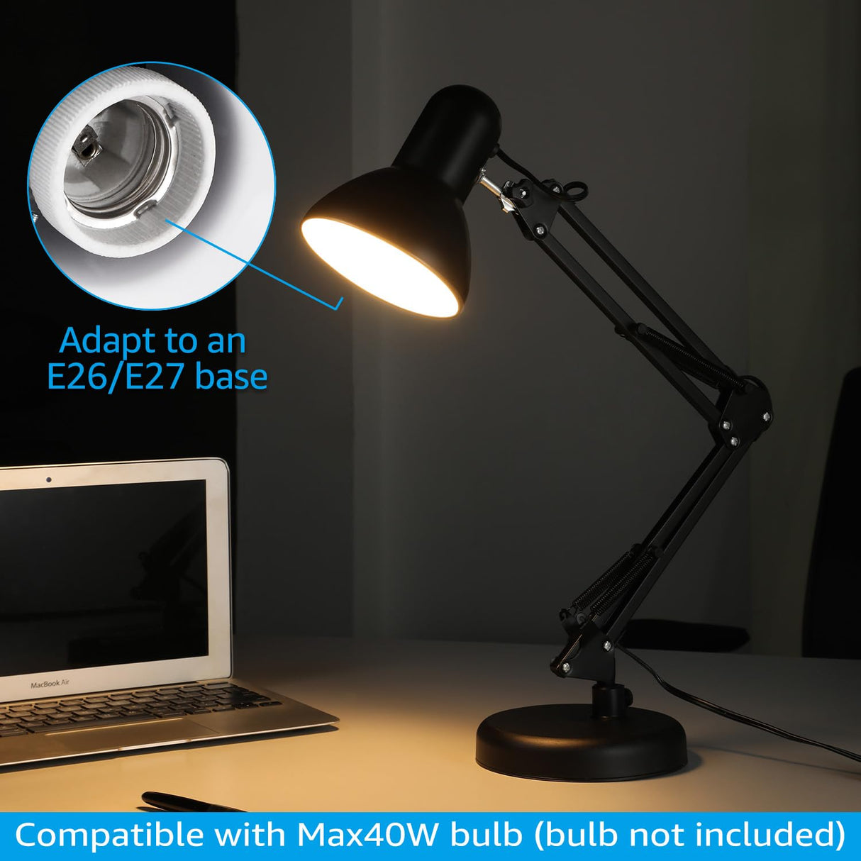 TORCHSTAR Metal Desk Lamp with Clamp, Swing Arm, Architect Adjustable Gooseneck Table Lamp, Clip Desk Lights for Home Office, Work, Study, Reading, E26 Base, Multi-Joint, Black