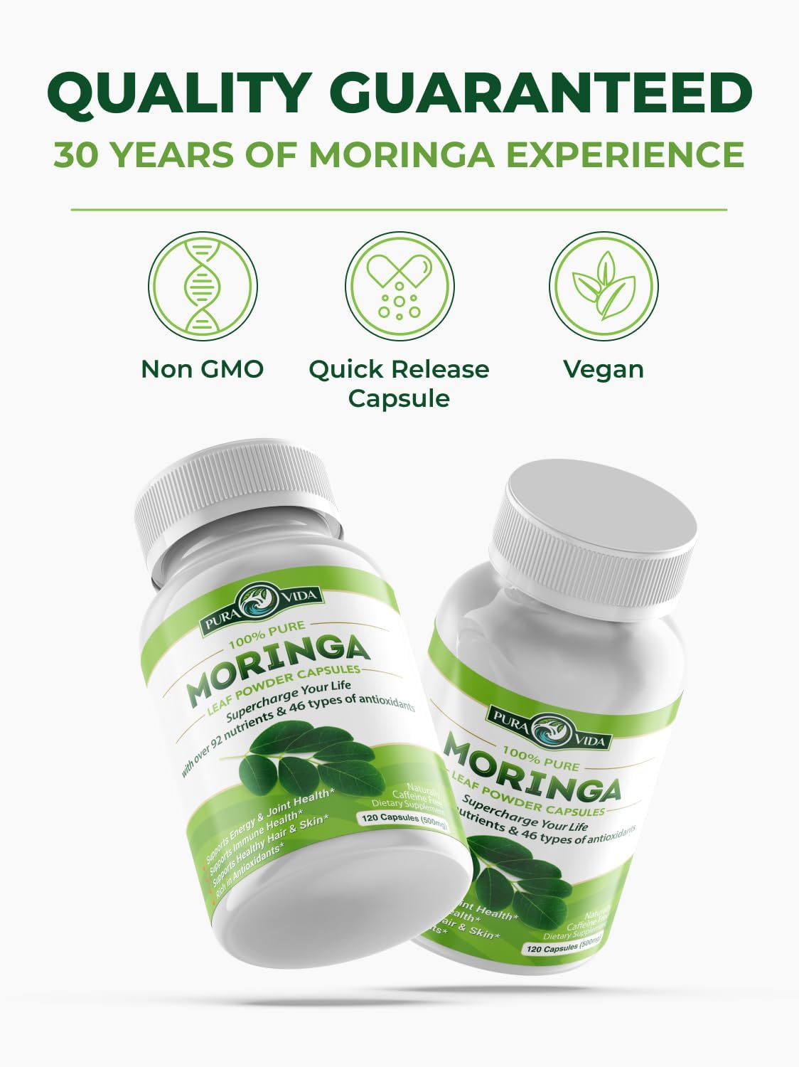 PURA VIDA MORINGA Capsules Single Origin Moringa Powder Organic. Moringa Leaf. Energy, Metabolism, & Immune Support. 120ct. 500mg Caps.