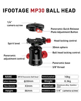 IFOOTAGE Komodo MP30 Ball Head,Metal 360° Rotating Ball Head with Panoramic Quick Release Plate, Compatible with Digital SLR（Load 22lbs）
