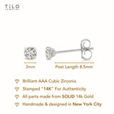 14k White Gold Solitaire Round Cubic Zirconia Stud Earrings Pushbacks 3mm