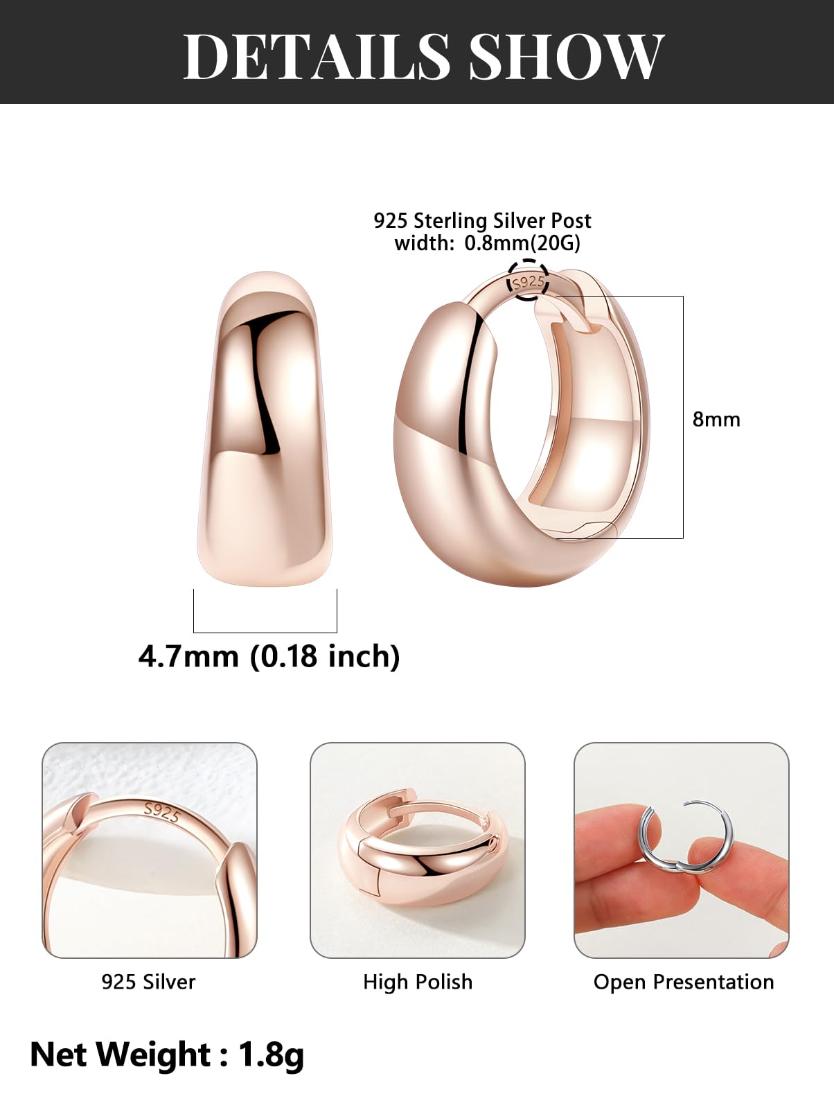 Silvora Rose Gold Huggie Earrings for Women, Small Chunky Hoops with 925 Sterling Silver Post, Lightweight Rose Gold Earrings, 8mm